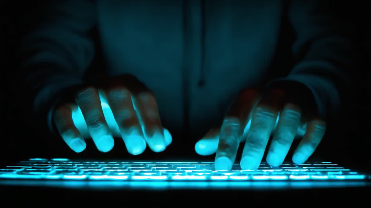 Illuminated Hands Typing on a Backlit Keyboard in a Dark Environment, Symbolizing Technology, Communication, and Digital Interaction in a Modern World