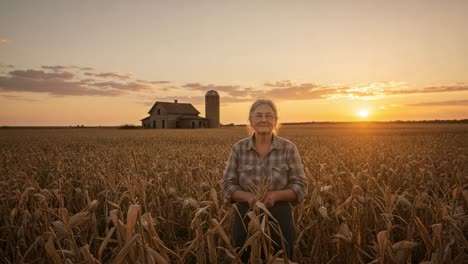a grateful elderly woman stands proudly in her golden wheat field as the sun sets behind her farmhouse, reflecting a life of hard work and resilience