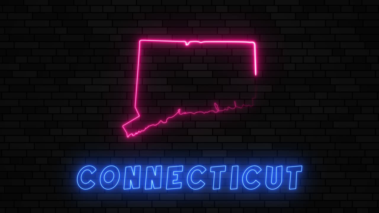 코네티 주 지도 그림은 어두운 벽돌 벽 바탕에 네온 선으로 그려져 있습니다.