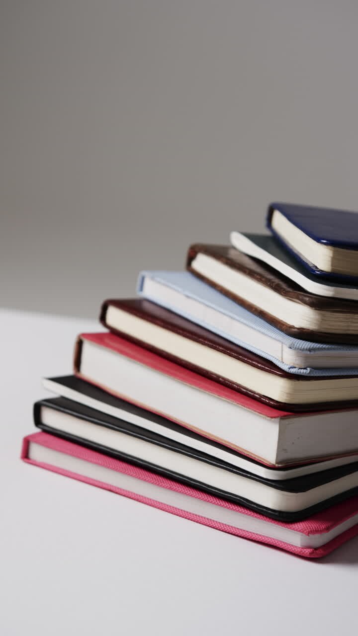 Video verticale di pila di libri e quaderni con spazio per il testo su sfondo grigio.
