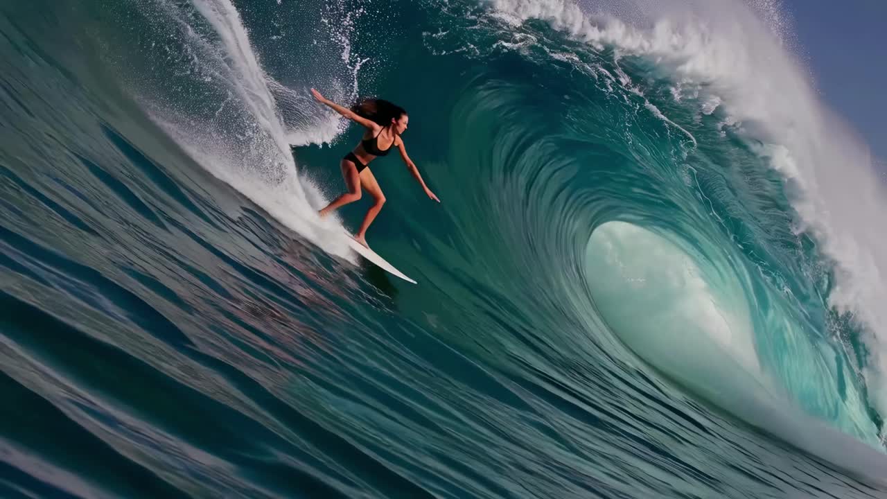 Dynamic video still of a surfer riding a massive wave