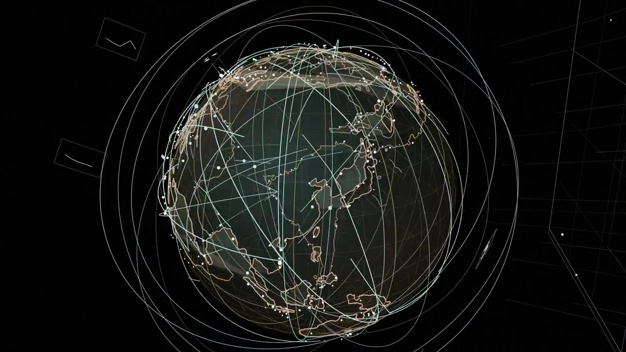 On play 3D globe rotating, orbiting camera, nodes linking, showing live network on transparent bg