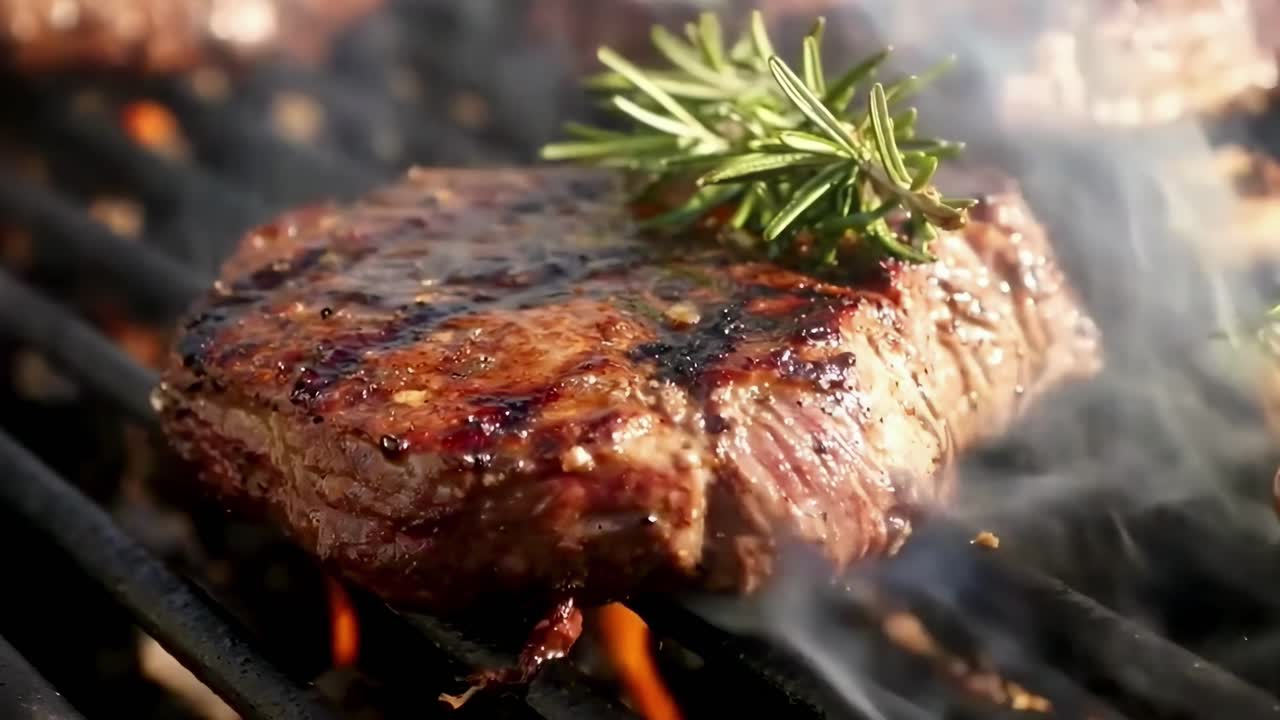 Close-up video of a sizzling steak on a grill, capturing the juicy texture and herbs