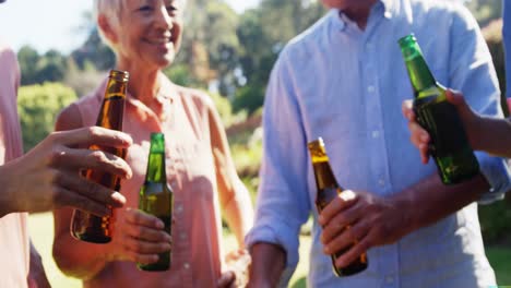 familia brindando cerveza mientras prepara una barbacoa en el parque 4k