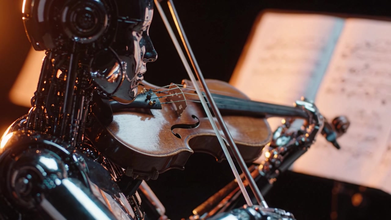 A robotic figure skillfully playing the violin, showcasing advanced technology and artistry in a captivating performance with sheet music in the background.
