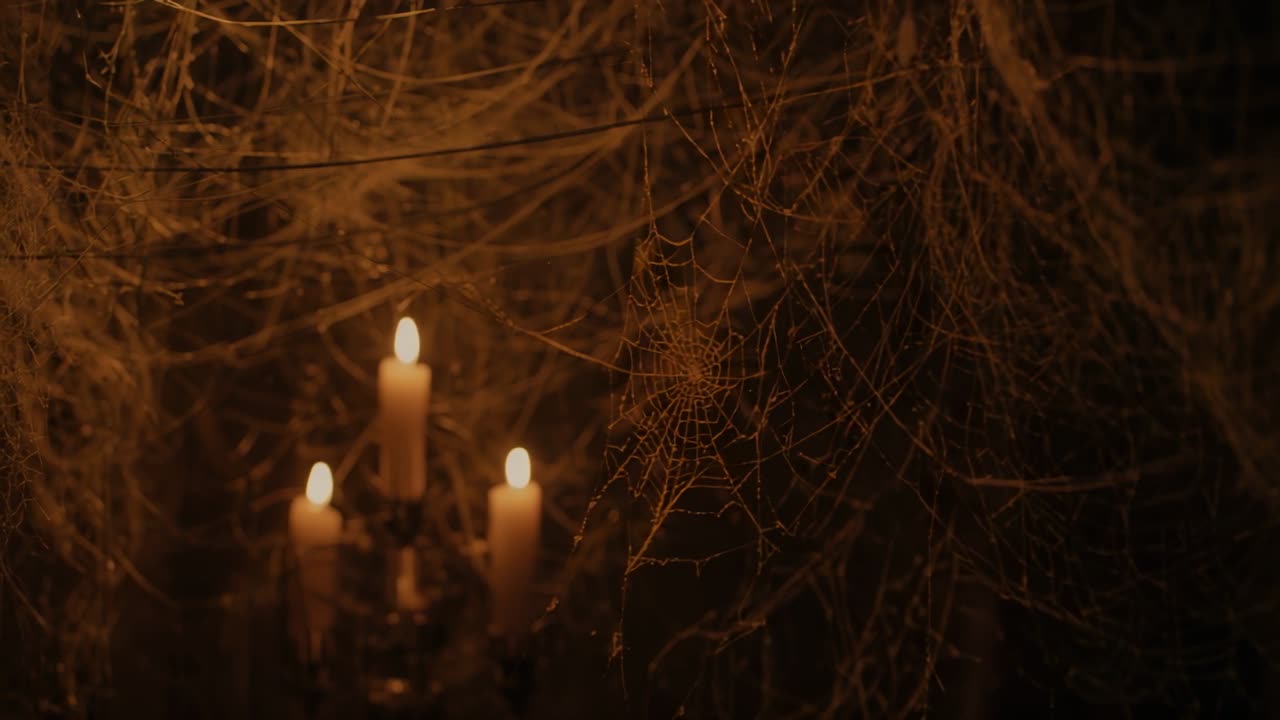 Opening on metal candelabrum holding four burning candles in crypt, glinting spiderwebs, copy space