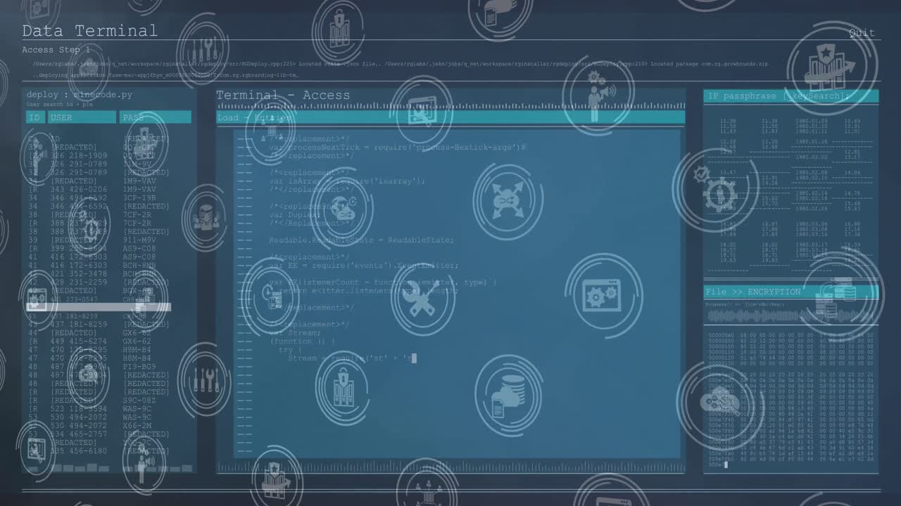 animación de una red de iconos digitales sobre el procesamiento de datos contra un fondo azul