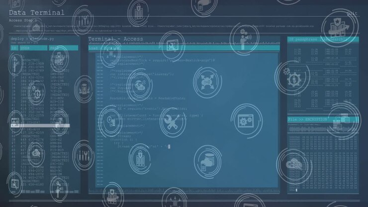 Animasi jaringan ikon digital di atas pemrosesan data dengan latar belakang biru