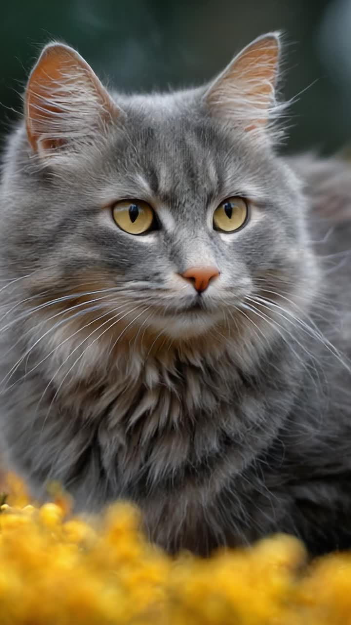 A Charming Gray Cat Curiously Observing Its Surroundings Amidst Vibrant Yellow Flowers, Capturing Nature's Beauty and the Grace of Feline Moments