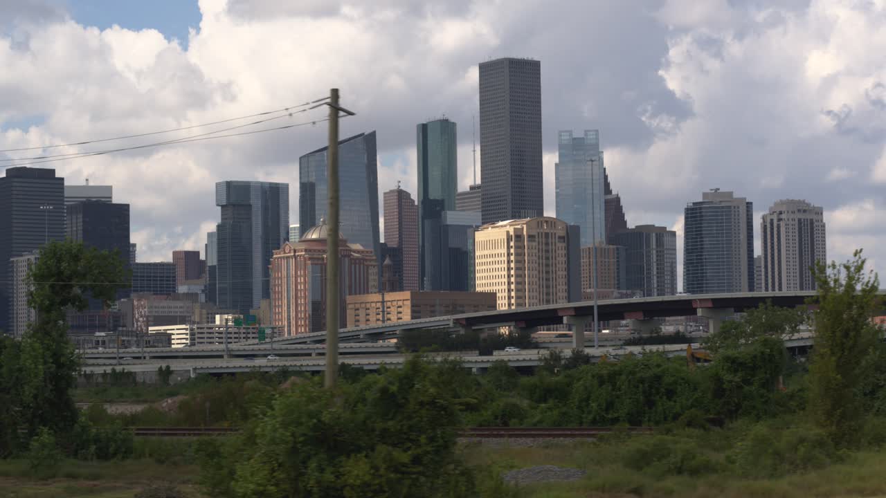 Drone shot moving to the right revealing downtown Houston, Texas