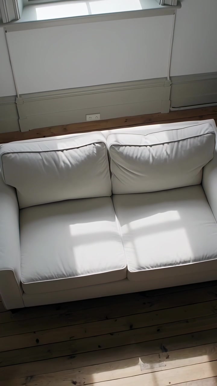 Vertical video: Panning camera lowering capturing white sofa at home by window, shifting sunlight