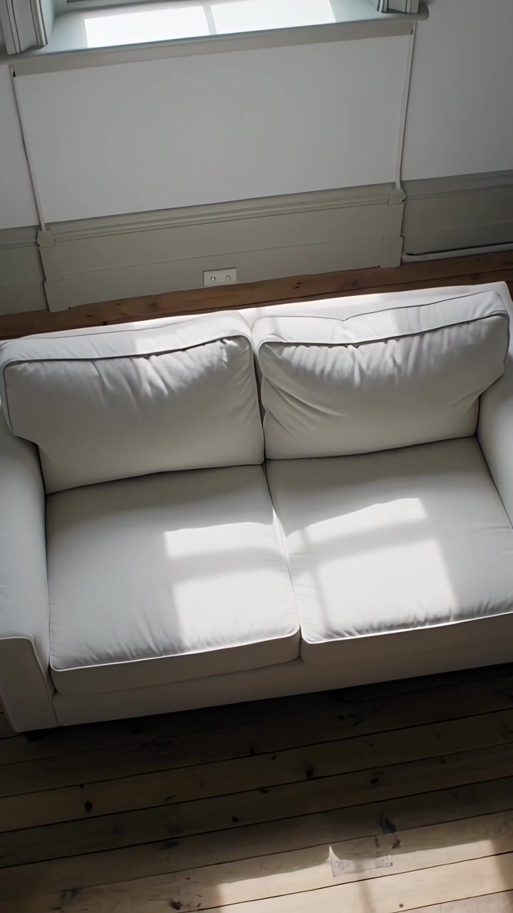 Vertical video: Panning camera lowering capturing white sofa at home by window, shifting sunlight