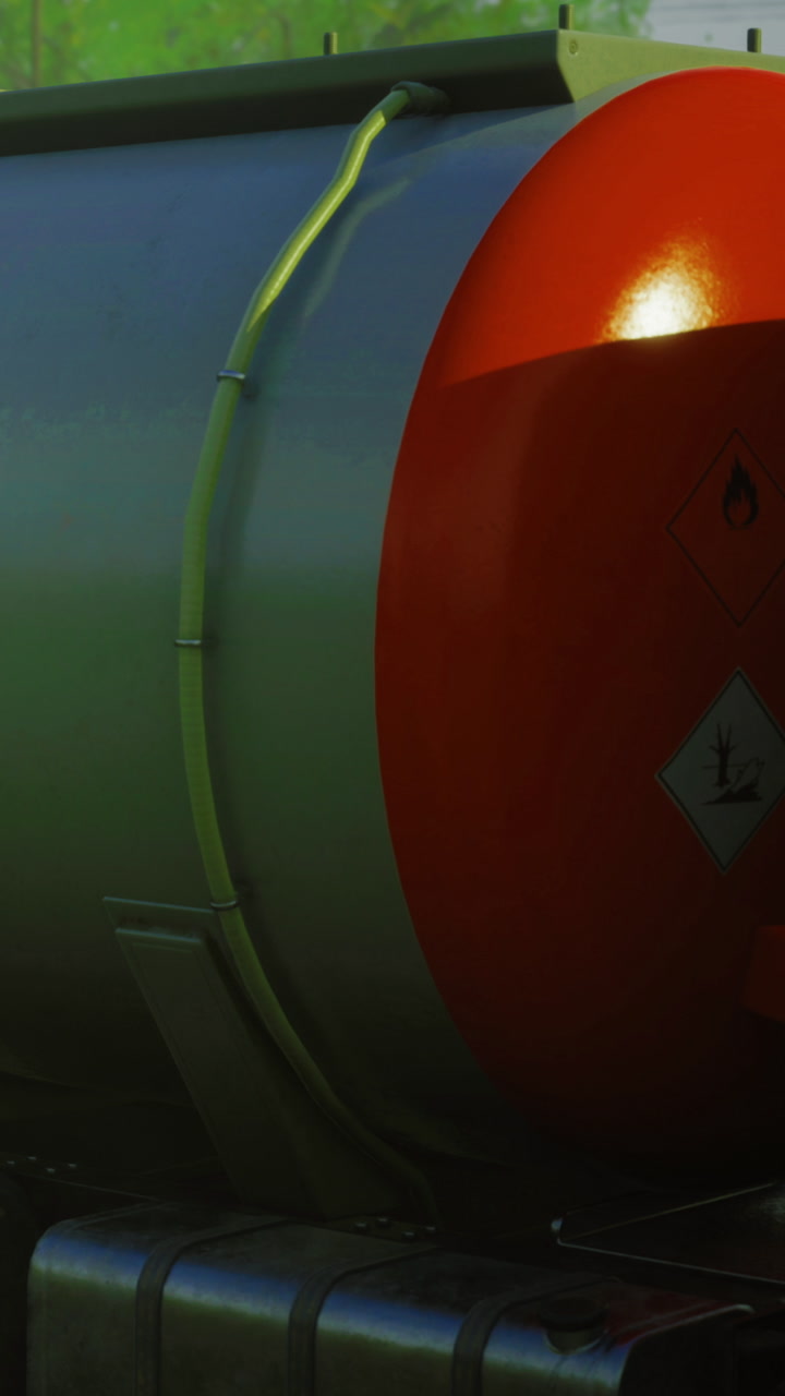 Oil tank with pipe on truck in outdoor location during day