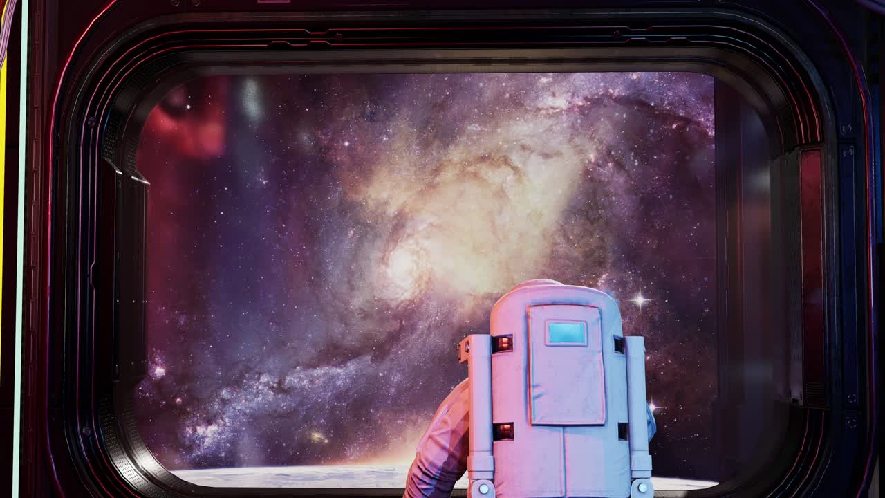 vista trasera de un astronauta solo agitando la mano en un corredor espacial futurista observando la tierra y las estrellas. vista de la tierra. animación 3d
