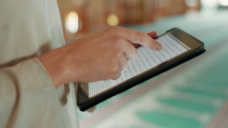 scripture, arabic and hands with a tablet