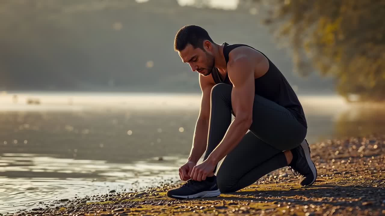 Kneeling runner wearing tank top tying laces on pebble shore by calm lake, preparing for run