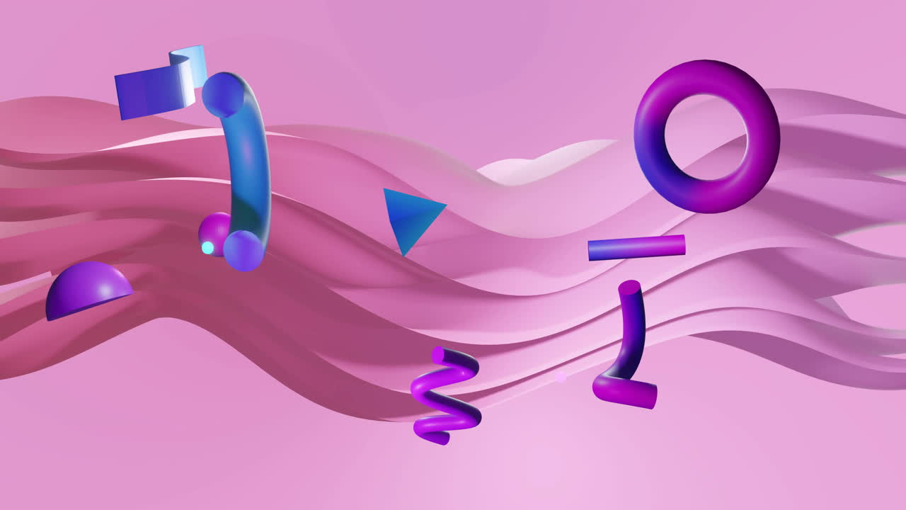 Animation of abstract shapes moving over waving pink background