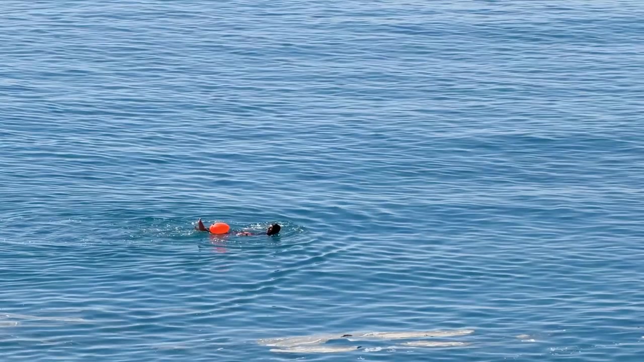 Wide shot of a person swimming in calm blue ocean water with an orange buoy.
