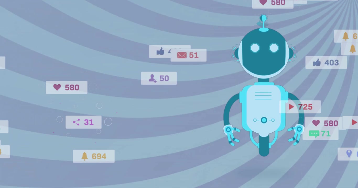 Animazione di un robot volante e barre di notifica su un motivo a strisce, su sfondo blu.