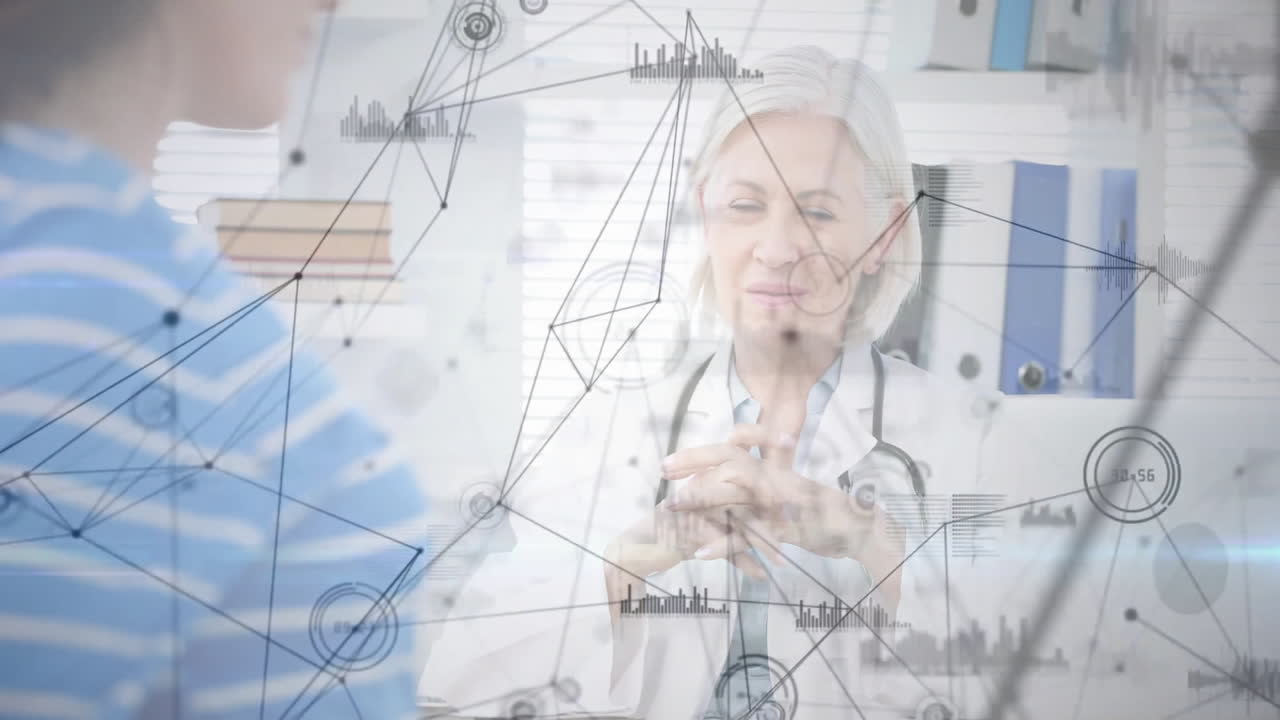 Mature female doctor consulting patient in clinic, with stethoscope and showing animated data chart
