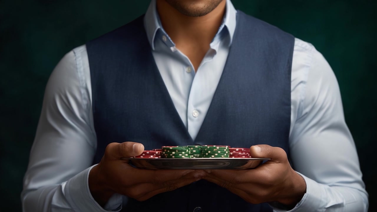 Elegant Man Holding Poker Chips on a Plate, Capturing the Excitement and Tension of a High-Stakes Casino Game Atmosphere in Two Striking Frames