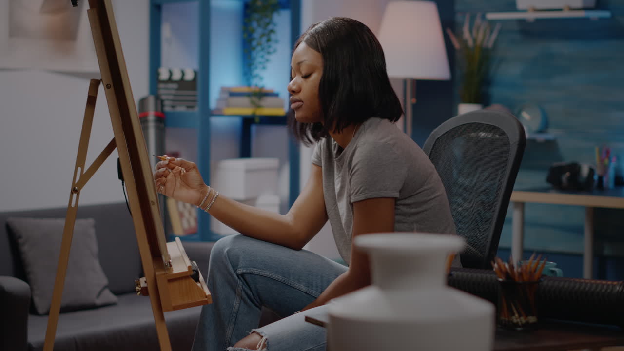 Black young adult with creative imagination drawing