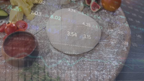 Animation-of-changing-numbers-and-graphs-over-pizza-dough-with-sauce,-vegetables-on-table