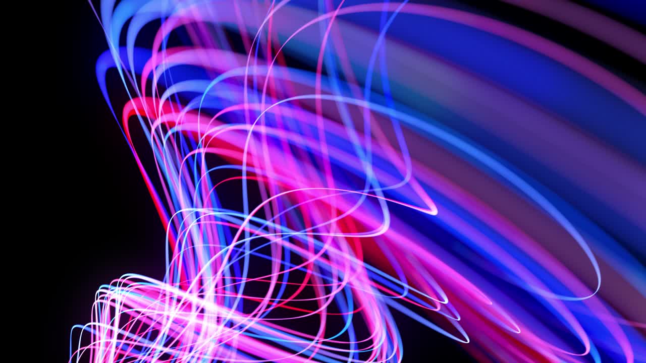 Light flow bg in 4k. Abstract looped background with light trails, stream of red blue neon lines in space move to form looped spiral shapes. Modern trendy motion design background. Light effect,