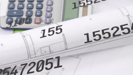 animation of floating changing numbers over a calculator lying on blueprints spinning