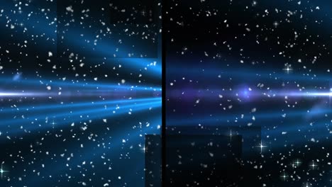 animation of split screen showing blue spotlight and light beams, with glowing particles, on black