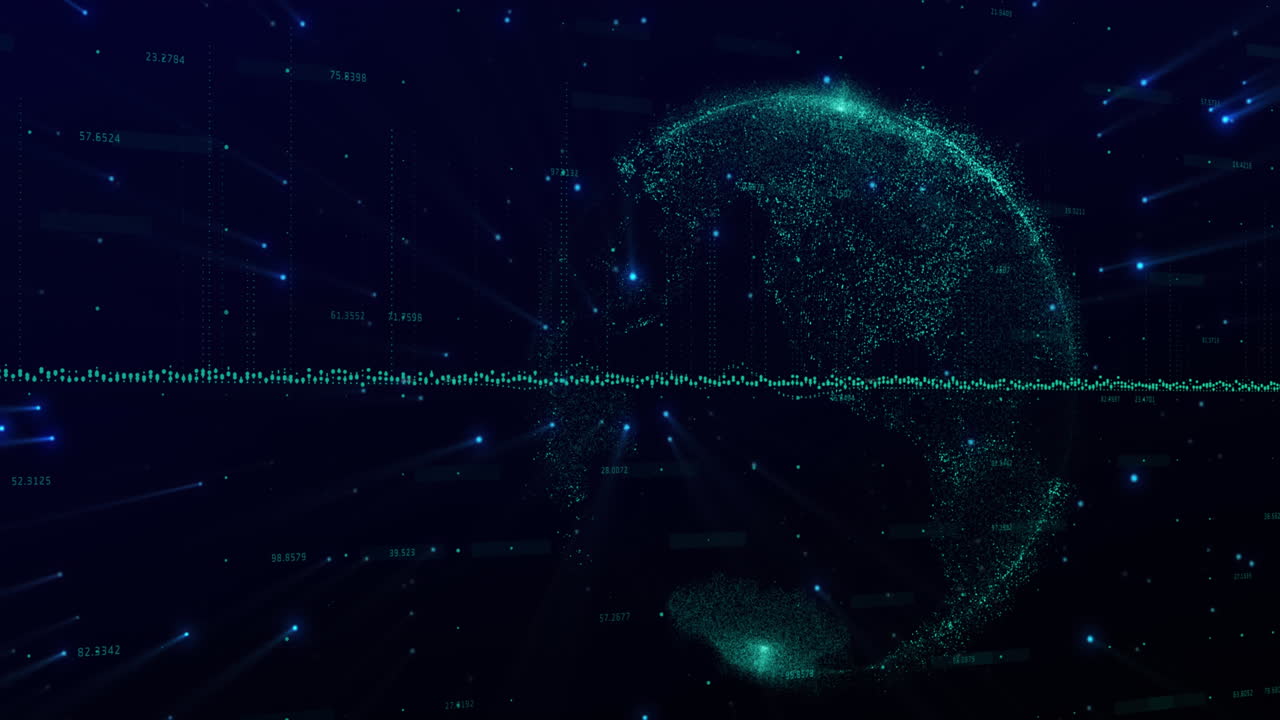 Digital animation shows a globe with green lights symbolizing global communication.