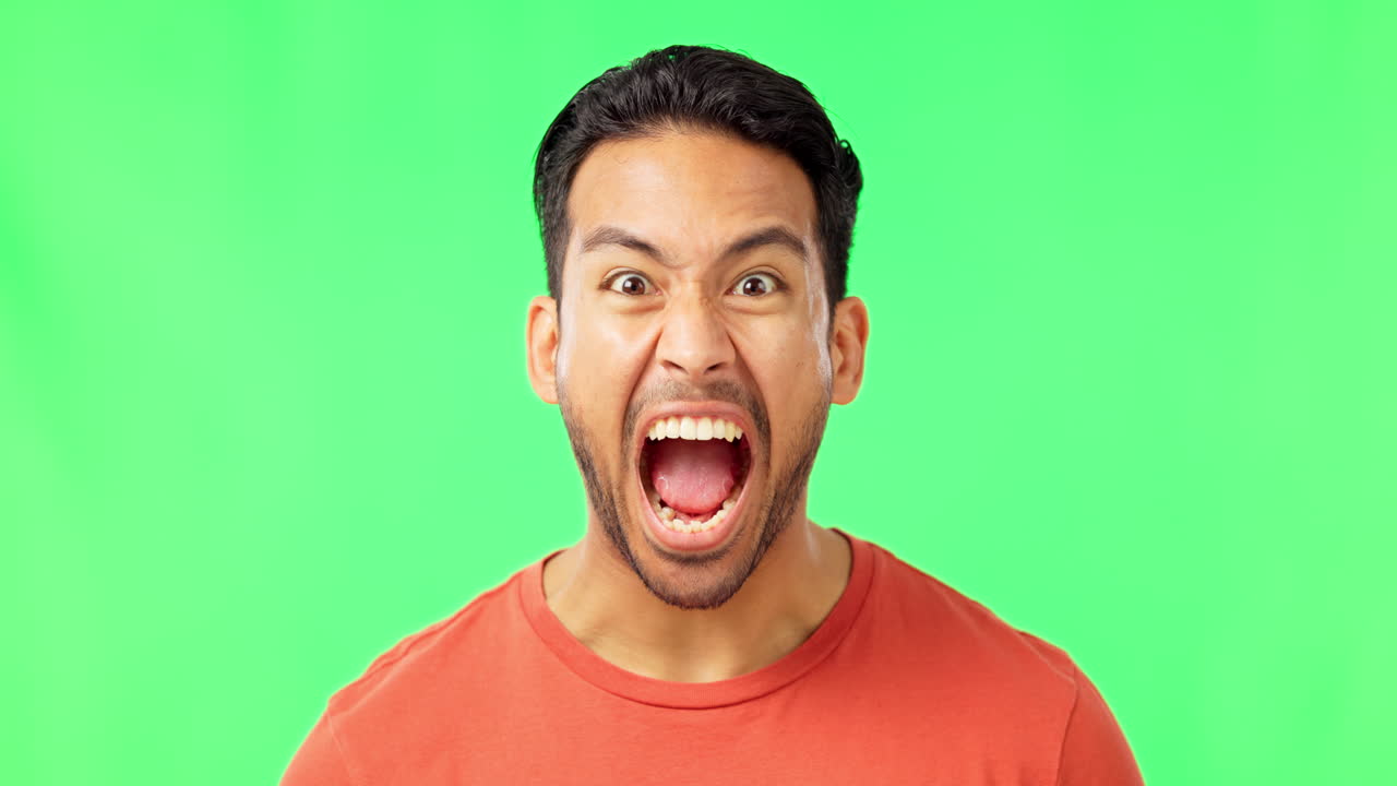 Scream, face and man in a studio with green screen
