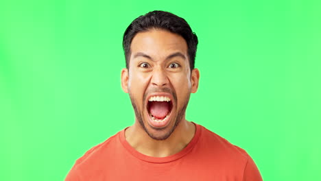 grito, cara y hombre en un estudio con pantalla verde