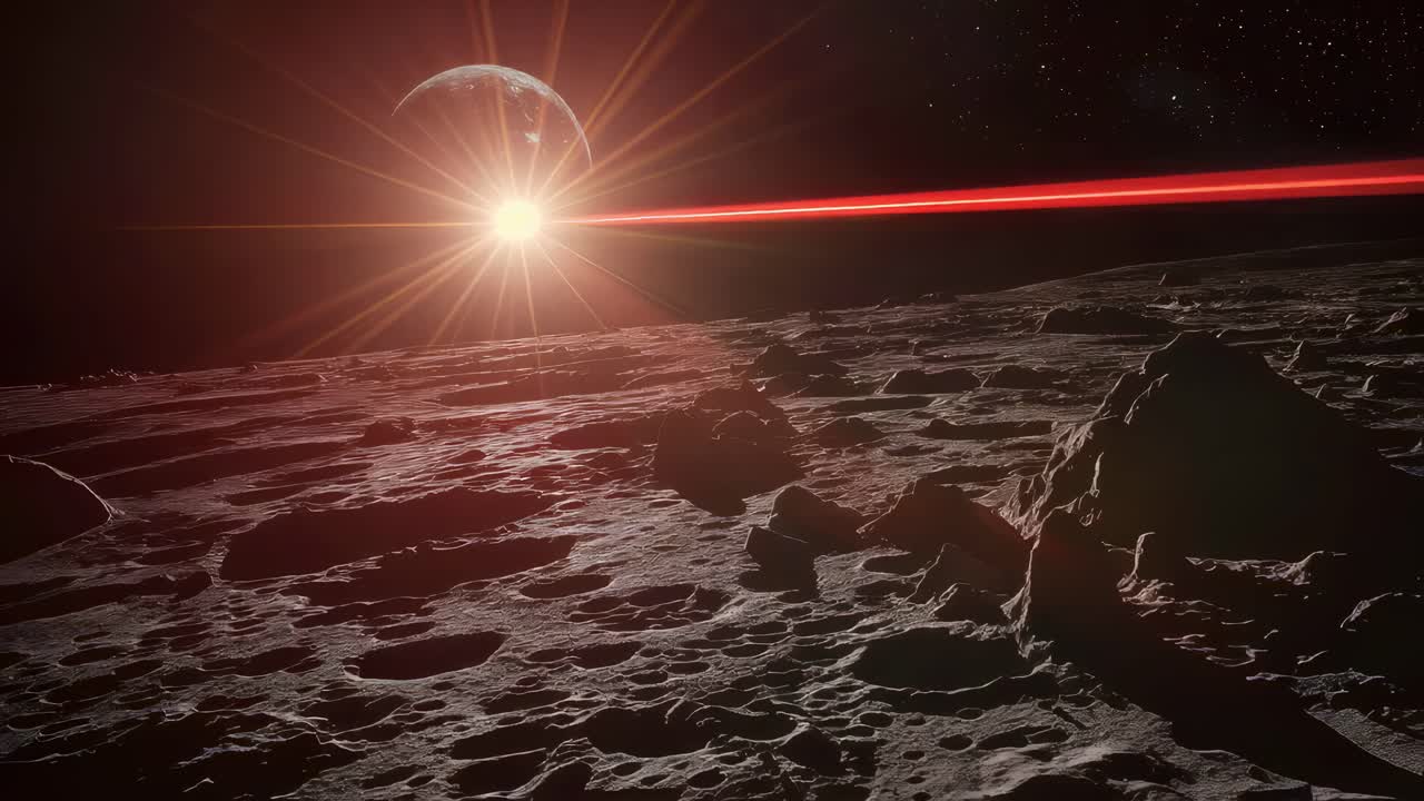Sun rising over the moon's surface with Earth in the background, casting red light across lunar landscape, creating a dramatic and cosmic scene