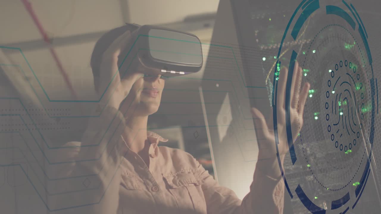 서버 에서 vr 헤드을 든 백인 여성 노동자에 대한 데이터 처리 애니메이션