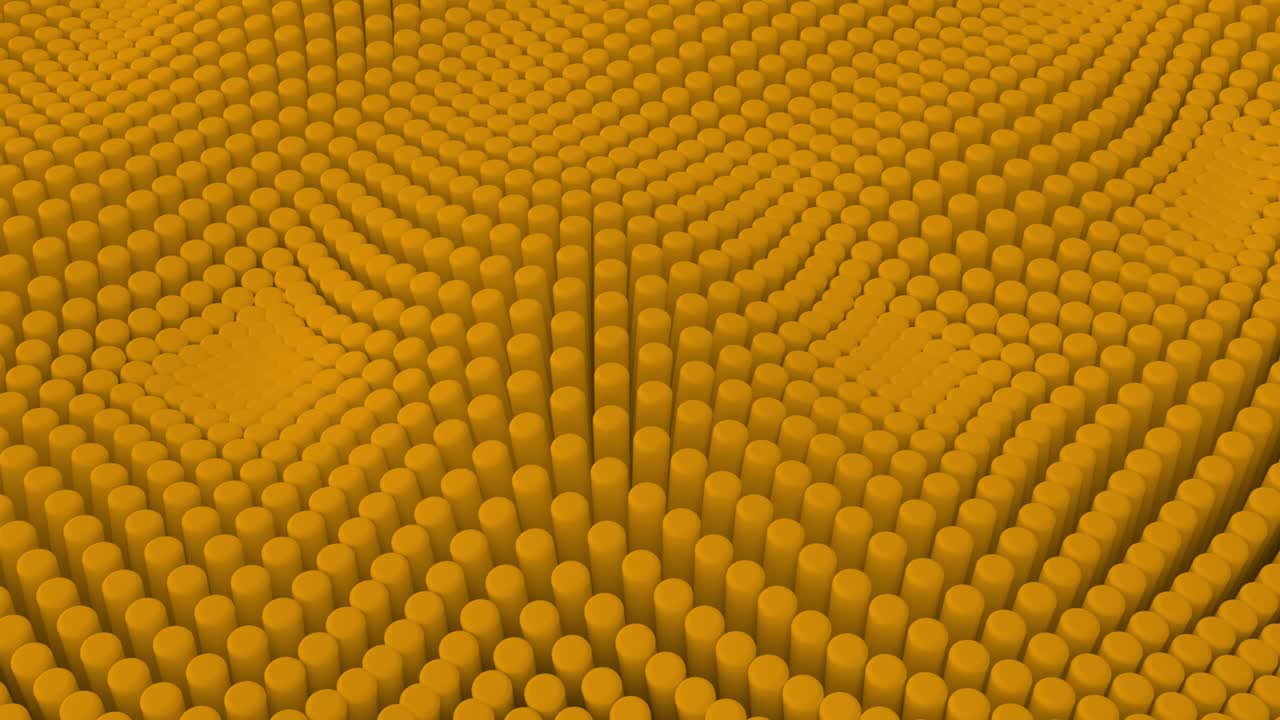 fondo amarillo abstracto con cilindros. azulejos redondos de cerámica. patrón de geometría. células aleatorias. superficie poligonal brillante. abstracción futurista. animación 3d de bucle sin costuras de 4k