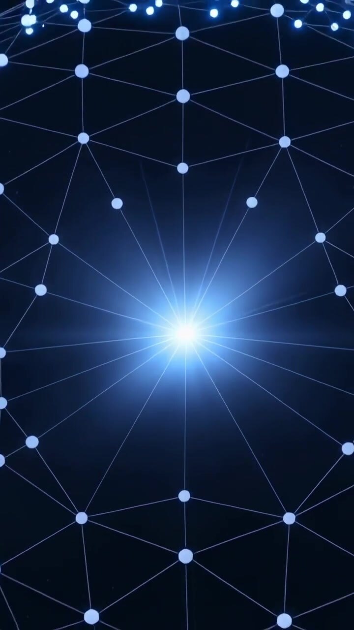 Video verticale: Un nucleo luminoso che emette raggi e scintille nello spazio, formando una rete di nodi.