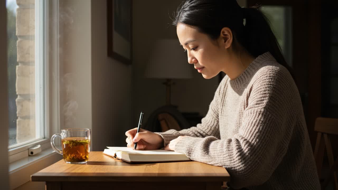 A Thoughtful Moment: A Young Woman Sits by the Window in Cozy Sweater, Writing in Her Notebook with a Warm Cup of Tea, Reflecting on Life and Inspiration