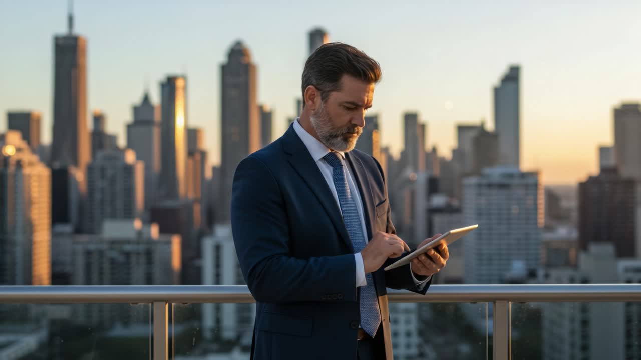 A Professional Man Engaged with His Tablet Overlooking a Vibrant City Skyline at Sunset, Representing Modern Business and Technology Innovations
