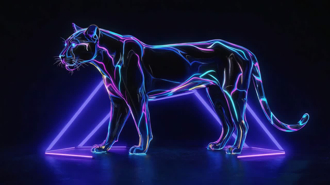 Neon Panther Silhouette with Geometric Lights