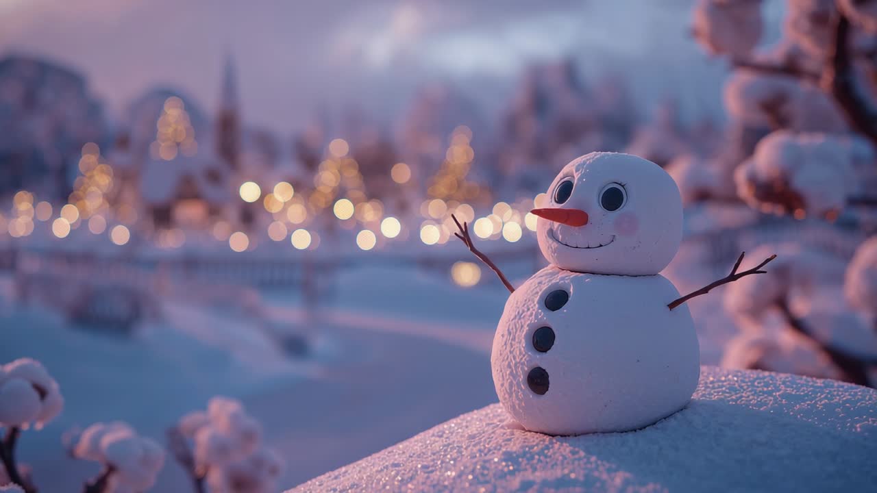 Camera sharpening focus on snowman on snowy mound at twilight, capturing twinkling village lights