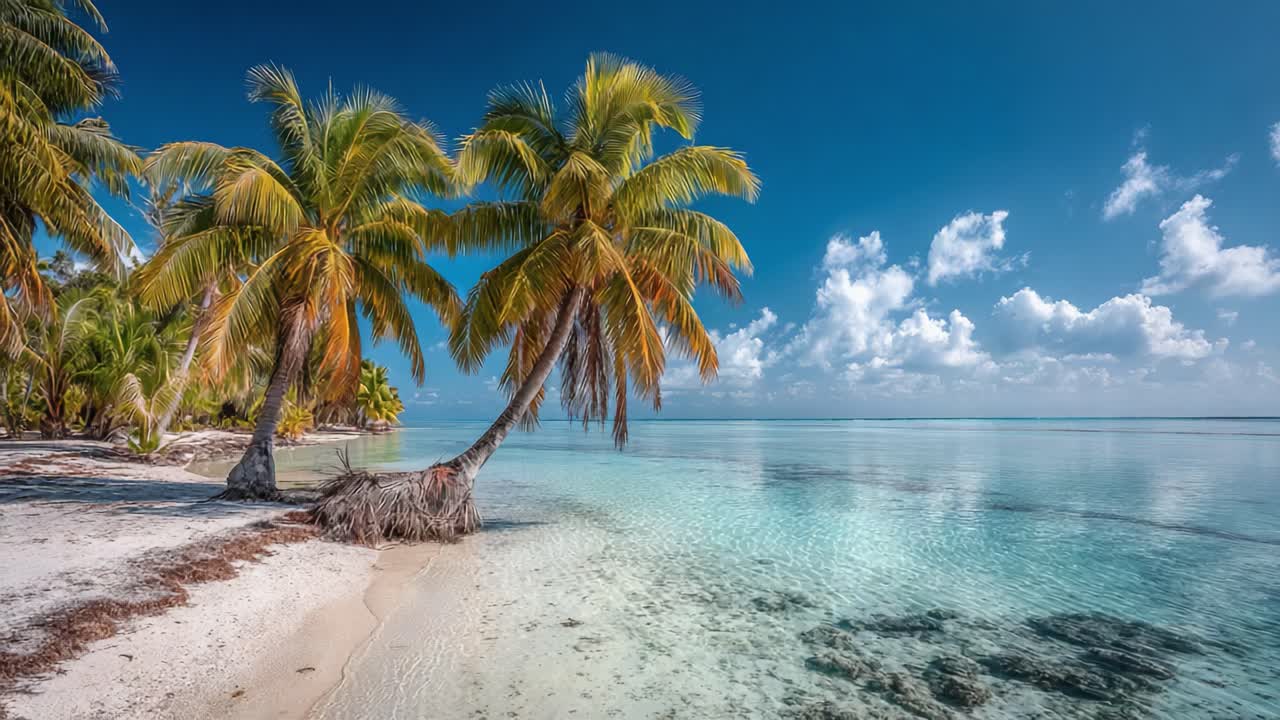 A Serene Tropical Paradise: A Lush Beach Scene with Towering Palm Trees Framed by a Clear Blue Sky and Tranquil Waters Reflecting Nature's Calmness and Beauty