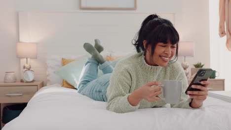 woman, coffee and phone in house bedroom