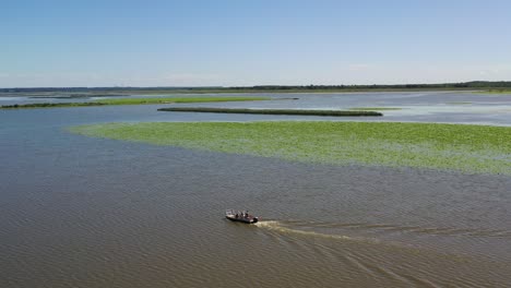 aerial circling around fast boat with coastal reed background