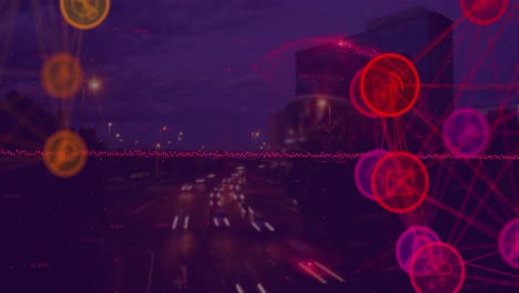 animación de la red de conexiones con iconos sobre el paisaje urbano