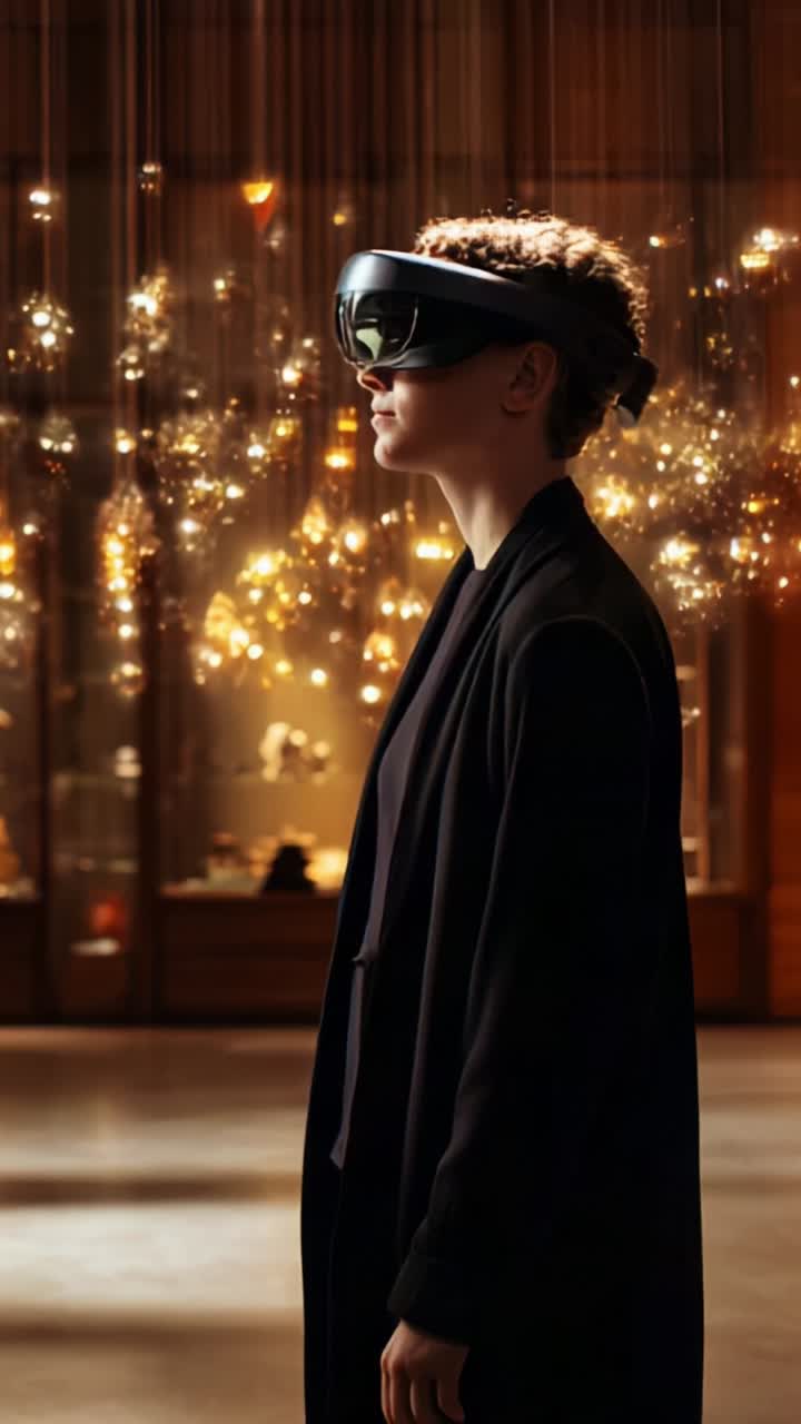 A Person Wearing Advanced Smart Glasses in a Luxurious Setting, Surrounded by Sparkling Lights, Capturing the Intersection of Technology and Elegance