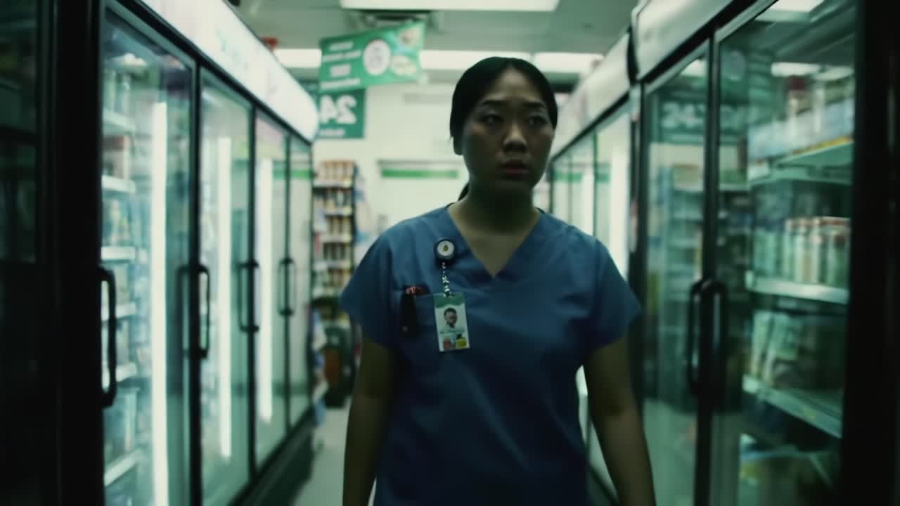 A Striking Portrayal of Determination and Resolve: A Healthcare Worker Navigating the Aisles of a Convenience Store After Hours