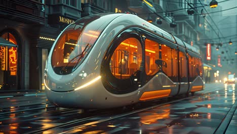 a futuristic tram on a wet city street at night