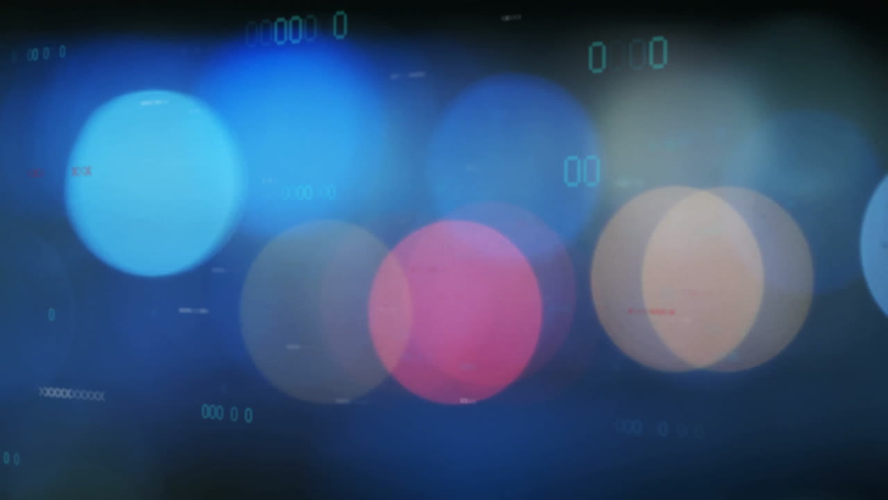 Abstract bokeh lights floating in dark background showing bright blue and pink overlapping circles
