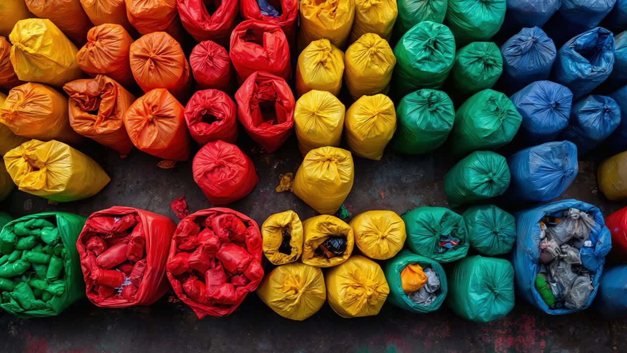 A vibrant display of colorful trash bags showcases the importance of waste management and recycling, highlighting different materials and their organized placement for efficient disposal